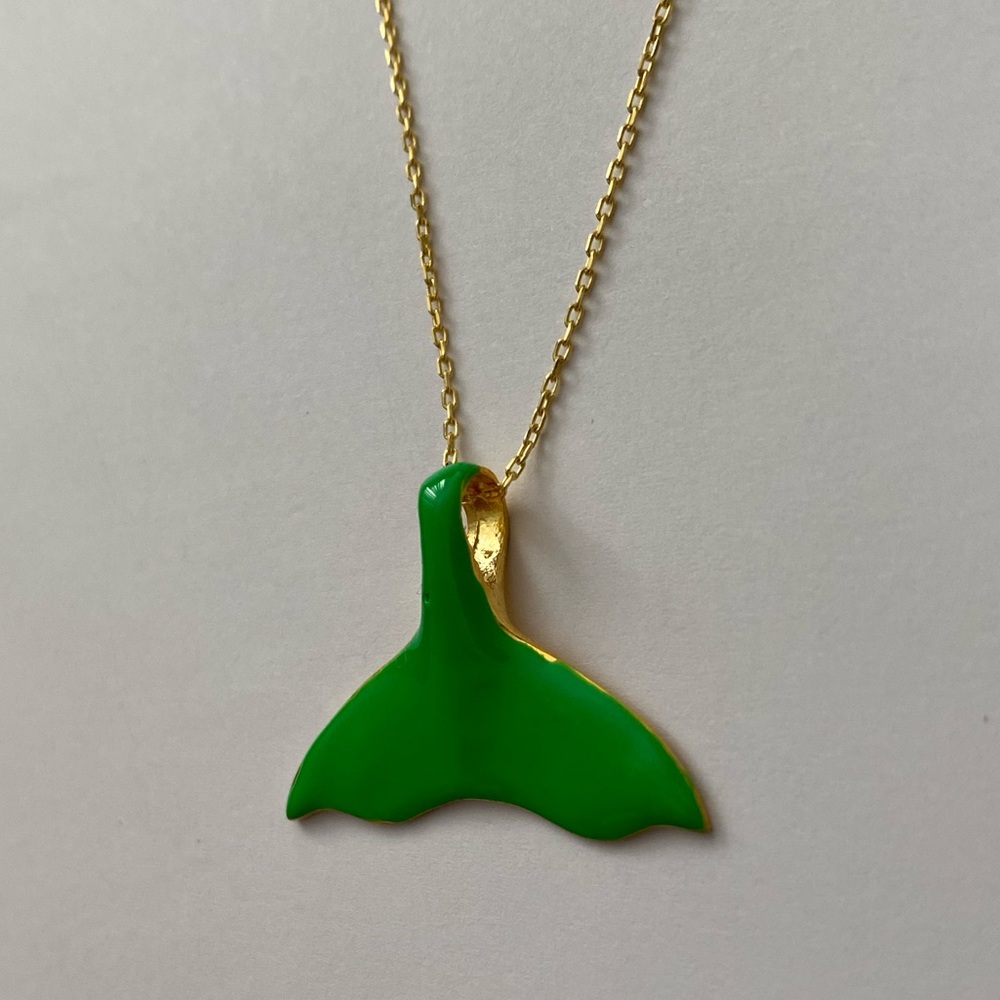 🧜‍♀️Mermaid tail 925 silver necklace hand made green enamel 18k gold plated - Picture 2 of 7